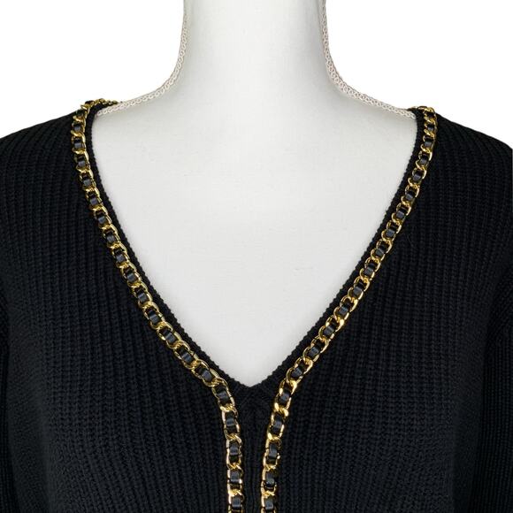 Lovers + Friends Norina Cardigan Dress Black Knit Gold Chain Trim Sweater Mini - Picture 7 of 9